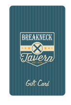 Vertical card with the Breackneck Tavern logo on a blue striped background.